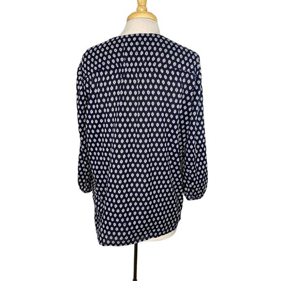 TALBOTS Blue White Geometric Embroidered Woven Cotton Button Up Blouse Medium - Picture 3 of 10